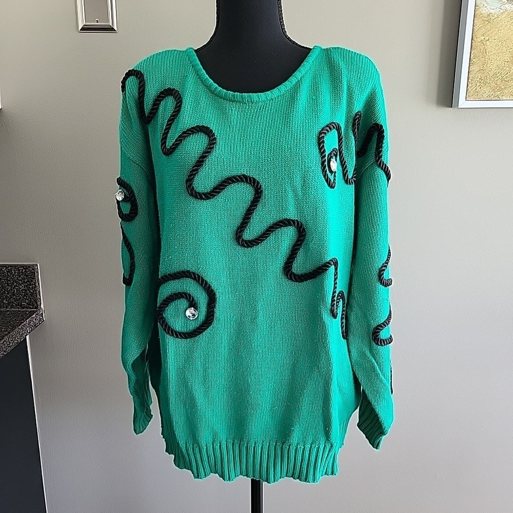 Vintage MAURADA 1980's Holiday Sweater Black Rope Detail Green Retro Women's XL